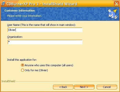 Choix d’utilisation dans l’installateur CDBurner XP Pro