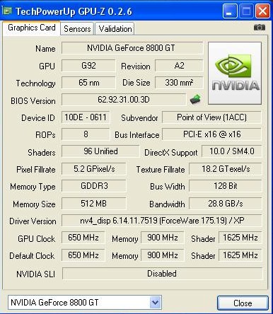point of view 8800 gt 128 streaming processors gpu-z capture