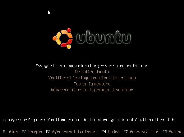 Ecran de demarrage LiveCD ubuntu