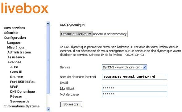 Parametrage LiveBox pour le service DynDns
