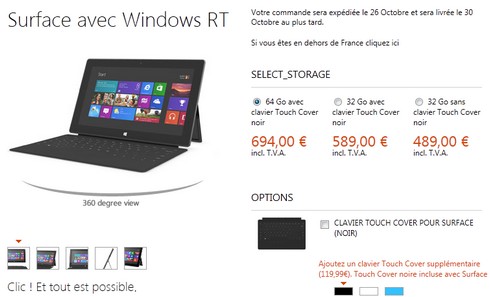 Tarif Microsoft Surface avec Windows RT en 64 et 32 Go avec ou sans clavier